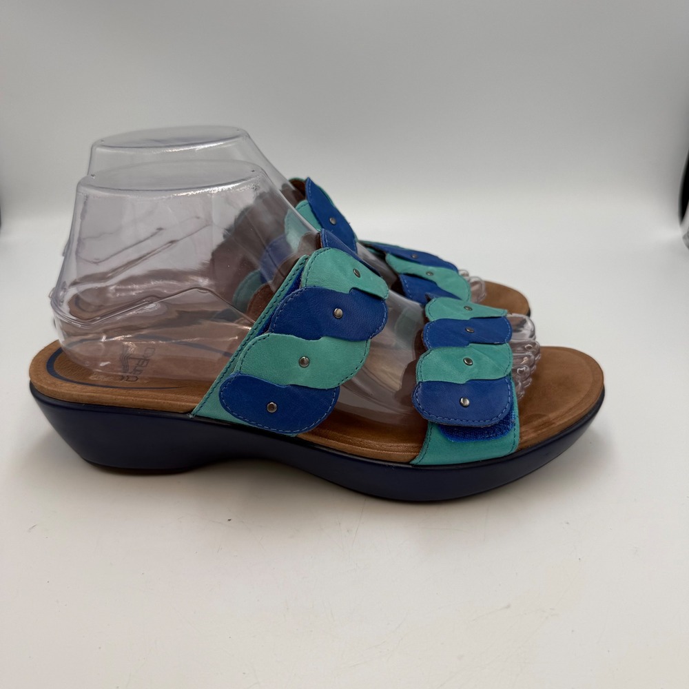 Dansko Dee Women Blue Teal Scalloped Leather Slide Sandals Wedge 39 8.5 Comfort